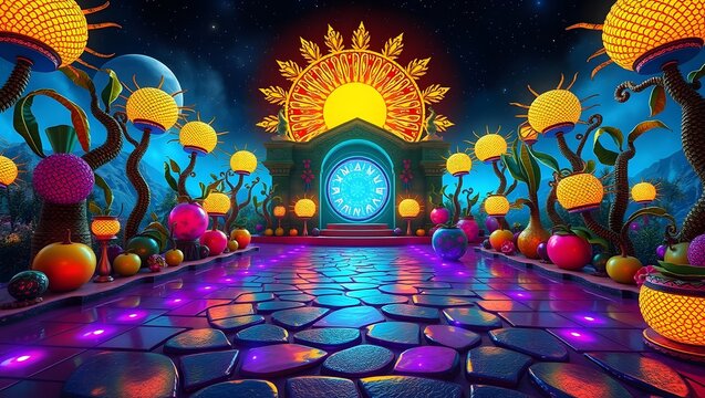 Vibrant fantasy scene with glowing mushrooms and colorful pathway to a clock gate