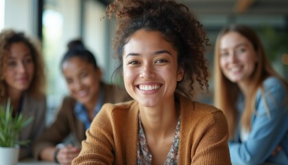 Obraz premium Diverse young women work together in office meeting. Friends share ideas, collaborate happily, build business strategy. Teamwork in modern workplace fosters connection and success.