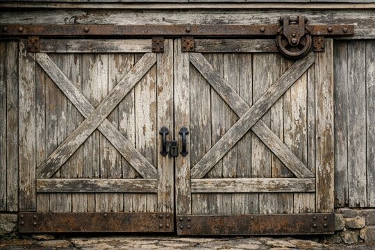 A close-up of an old barn door with a rusty latch, great for rustic or country-themed projects