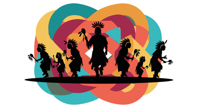 Silhouette illustration of a group of indigenous people performing a traditional ceremonial dance.
