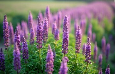 Obraz premium Field of blooming purple alfalfa flowers under summer sun. Green stalks and leaves create lush natural backdrop. Agriculture and flora beauty.