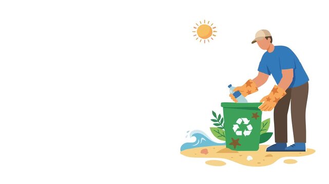 Man participates in World Clean Up Day with recycling bin on beach