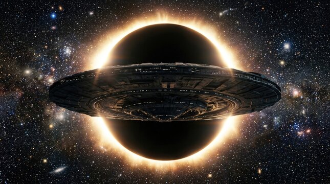 Ufo hovering before a giant black hole in deep space for futuristic sci fi art
