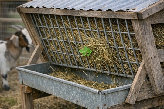 A goat munching on hay in a metal feeding trough