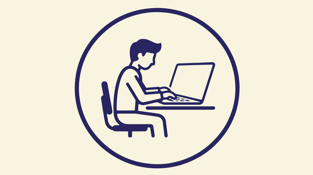 Teenager using laptop computer sitting at desk with circle outline for modern technology concept.