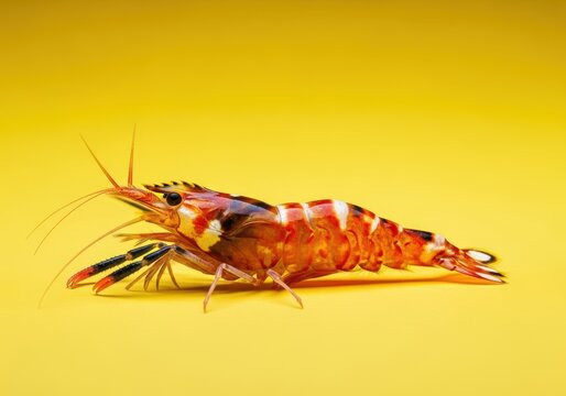 A brightly colored shrimp featuring a black and white striped tail resting on a vibrant yellow background, emphasizing contrast, striped, food, seafood