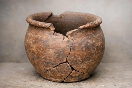 A cracked clay pot on a rustic background