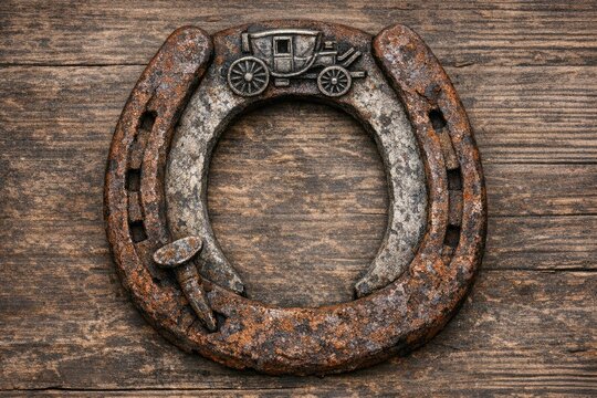 A vintage-style horseshoe designed to resemble a horse and buggy, suitable for rustic or nostalgic-themed designs