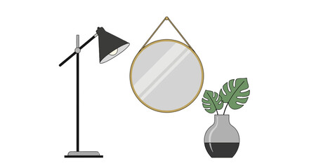 Obraz premium Illustration of a modern interior design setup featuring a floor lamp, a round hanging mirror, and a vase with green tropical leaves.
