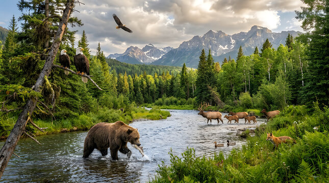 Grizzly Bear Hunting Fish in a Pristine Mountain River Valley Surrounded by Wildlife