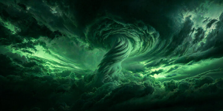 Dramatic green tornado swirling in dark stormy sky, powerful vortex and supernatural storm clouds background illustration.