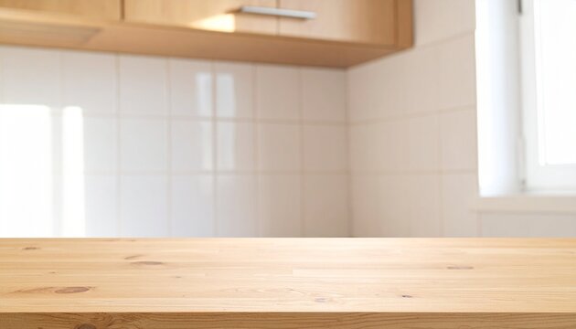 朝の光が差し込む白いタイル壁とオーク材のアイランドカウンターがあるナチュラルなキッチン