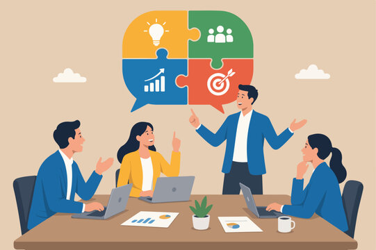 Compromise to get solution in business meeting, leadership to communicate and connect ideas in brainstorm session concept, smart business people team with connected jigsaw puzzle speech bubble