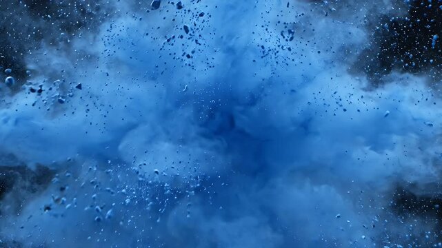 Blue Powder Explosion Burst - A dynamic explosion of vibrant blue colored powder is captured mid-air, spreading outwards in a chaotic and energetic burst from the center against a dark background.