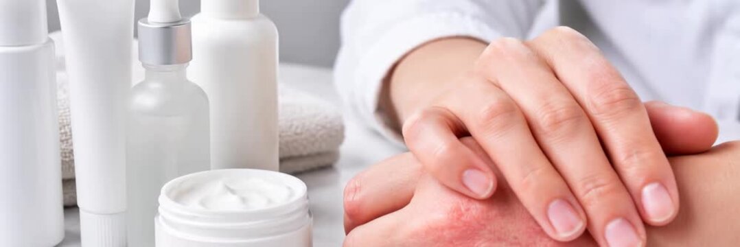 Panoramic close up of irritated hand rash with skincare products, dermatology, allergy, treatment, medical care