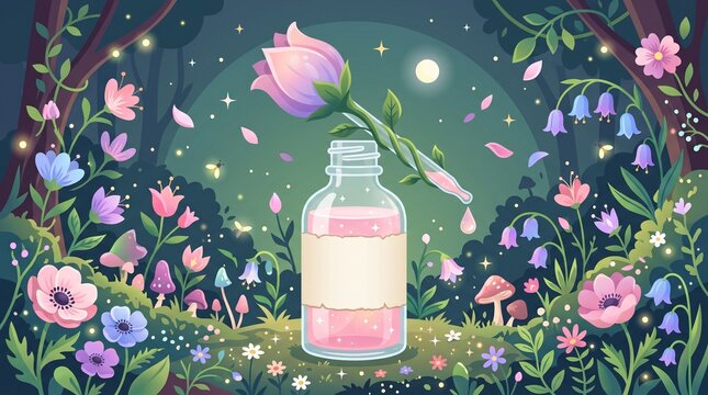 Magical elixir glass bottle with pipette and rose flower in enchanted night forest vector illustration