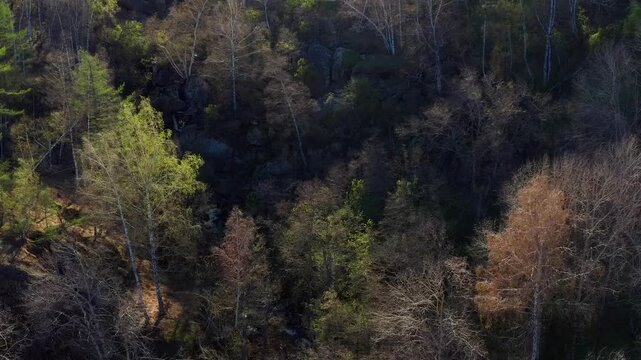 Southern Urals in spring: the Irendyk ridge and the Khudolaz River. Aerial view.
