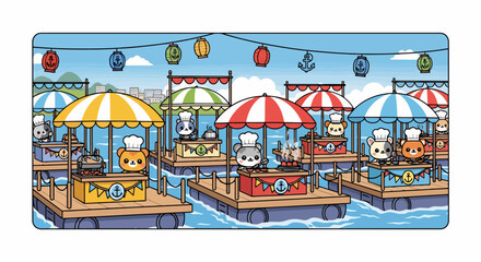 Naklejka premium Cute cartoon bears in chef hats selling food at a vibrant outdoor market.
