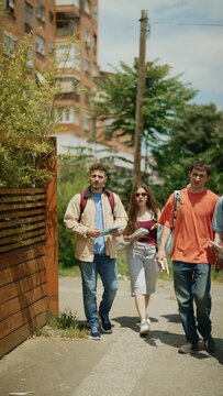 A diverse group of young students walks casually outdoors. Friends enjoy a conversation while strolling on a sunny campus.