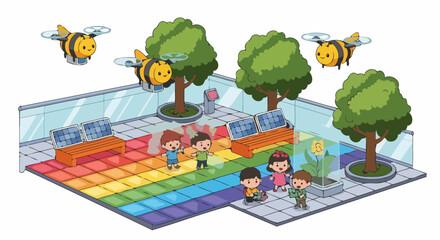 Fototapeta premium Children learning about bees and nature in a colorful classroom.