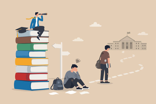 Education inequity, academic degree or institution bias, imbalance or chance or access to knowledge, school dropout concept, success young man on top of stack of textbooks look other on the floor