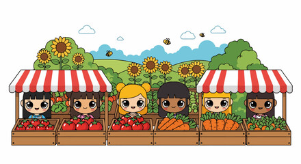 Naklejka premium Cute cartoon children selling fresh produce at a vibrant outdoor market stall.