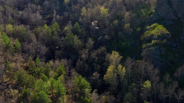 Southern Urals in spring: the Irendyk ridge and the Khudolaz River. Aerial view.