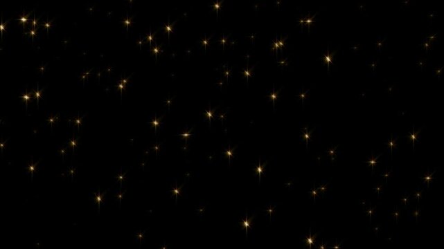 Night sky with shining stars, animated sparkle glitter on black. Festive shining background, magic gold dust explosion, twinkling particle burst surprise effect