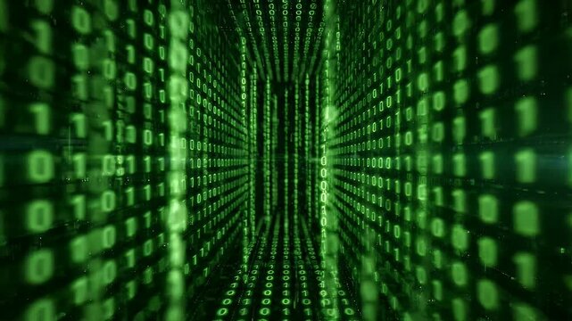 Abstract Green Binary Code Tunnel Background - A dynamic 3D tunnel formed by streaming green binary code numbers. This abstract technology background creates a sense of depth and digital movement.