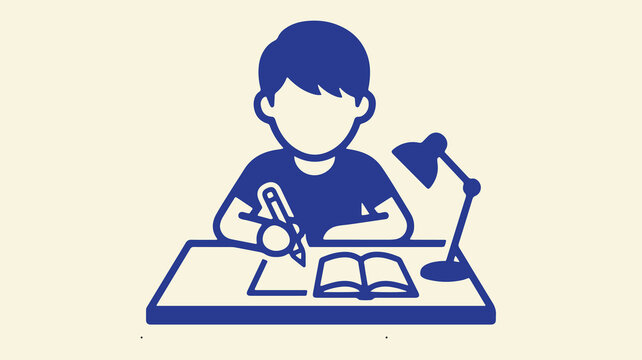 Student doing homework at desk with lamp in home learning environment blue vector icon.