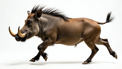 Fototapeta premium Warthog runs fast across white background. Wild animal, mammal, Africa. Powerful pig with tusks, long snout, bristly mane. Dynamic motion, side view. Isolated creature.