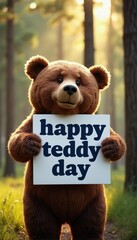 Obraz premium Brown bear holds sign saying Happy Teddy Day in sunny forest. Cute animal celebrates holiday, shares message of love. Wild creature offers warm greetings.