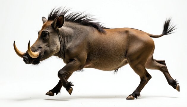 Warthog runs fast across white background. Wild animal, mammal, Africa. Powerful pig with tusks, long snout, bristly mane. Dynamic motion, side view. Isolated creature.