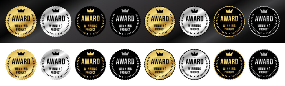 Award Winning Product Badge Collection with Gold Silver Black Premium Winner Labels for Packaging Design
