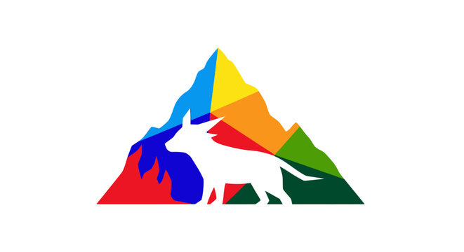 Abstract colorful geometric wolf silhouette with mountain peak background.
