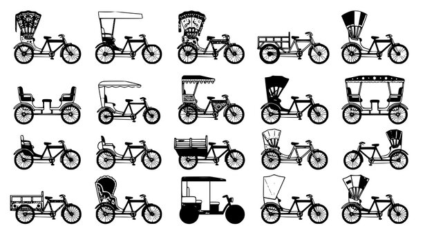 Traditional Cycle Rickshaw Icon Collection Flat 2D Vector Illustration Isolated on White Background