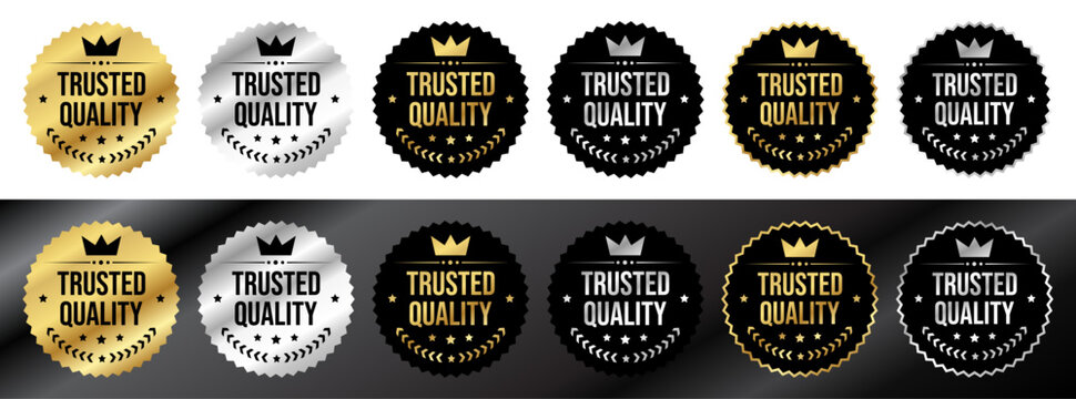 Trusted Quality Badge Collection with Gold Silver Black Premium Certification Labels for Product Packaging
