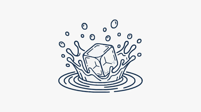 Ice cube splashing into water creating ripples and bubbles.