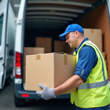 Delivery man in uniform wearing reflective vest loads boxes into van. Worker carries package with care. Logistics worker moves cargo for transport.