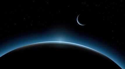 Obraz premium Deep outer space view with curved planet horizon, small crescent moon and bright tiny stars on dark black sky for cosmic astronomy exploration concept