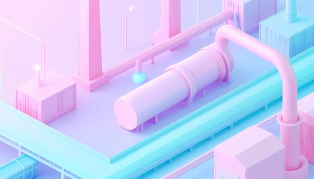 Close-up isometric view of pastel pink industrial pipes.