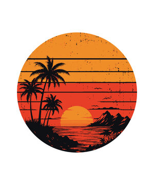 Retro Sunset Beach Landscape with Palm Trees and Ocean Silhouette Circle Vector