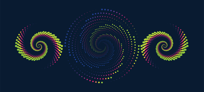 Twisted colored spiral. Curved wireframe tunnel. Vector technology logo element.