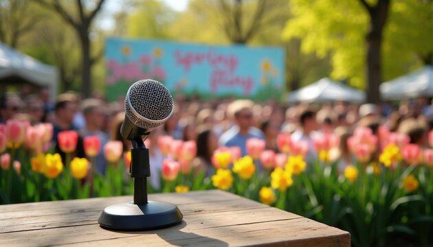 Microphone awaits speaker at outdoor event stage with crowd and tulips. Spring Fling festival entertainment, community fun, lively atmosphere, summer vibes.