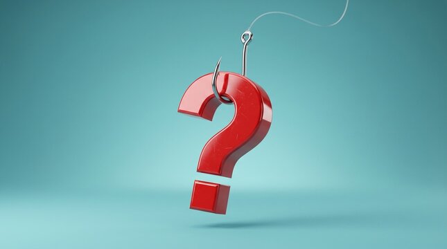 Question mark symbol hanging on metallic fishing hook against soft blue gradient background representing challenge risk uncertainty and tricky business problems needing expert solutions.