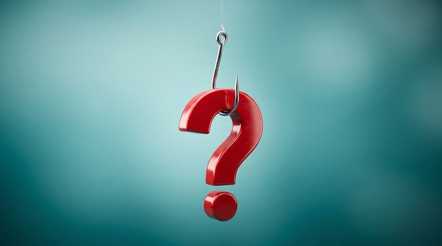 Red 3D question mark symbol suspended from a metal fishing hook with question solution metallic suspended curiosity business challenge uncertainty information