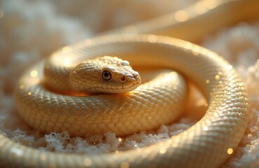 Fototapeta premium Pale yellow snake coils on soft white surface with golden sparkles. Reptile has intricate scale texture. Animal eye stares forward intently. Exotic creature in calm repose.