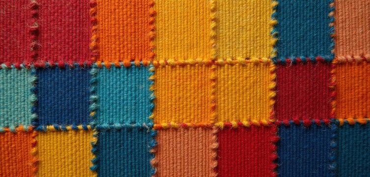 Close up of colorful woven squares in patchwork style. Each square has a different bright hue. Yarn threads create textured patterns stitched together for a unique design.