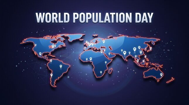 Global population day digital world map illustration with location markers world wide population international humanity demography statistics location technology