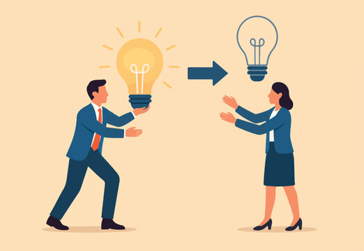 Sharing idea or knowledge sharing, transfer information or wisdom to employees or colleagues, creativity or innovation, learning new skills concept, business people transfer idea to new lightbulb